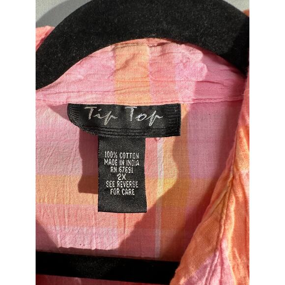 90s Vintage Top Womens XL Pink Plaid Button Tie Front Orange Cottage Boho Pastel - Picture 2 of 7